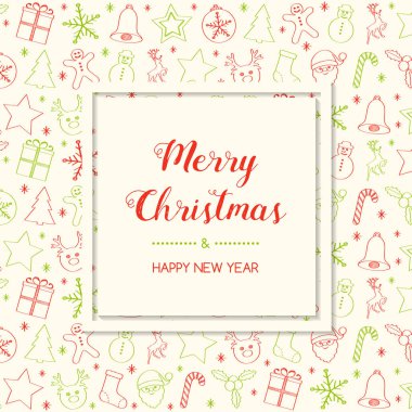 Neşeli Noel ve mutlu yeni yıl - kart el ile dekorasyon çizilmiş. Vektör.