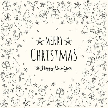 Elle çizilmiş süslemeleri ile ile Noel tebrik kartı tasarımı. Vektör.