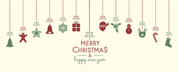 Concept of Christmas banner with vintage hanging ornaments. Vector.