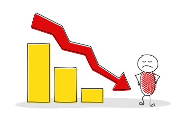 Komik işadamı gösteren sütun grafik. Vektör.
