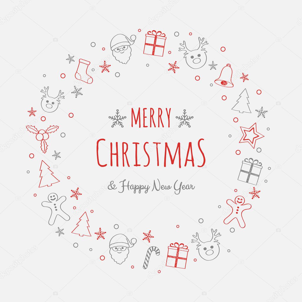 Merry Christmas and Happy New Year - greeting card with hand drawn ornaments. Vector.