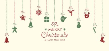 Güzel dekorasyon asma Noel kartı. Vektör.