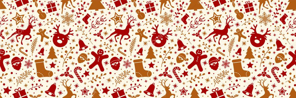 Christmas background with ornaments and seamless texture. Vector.