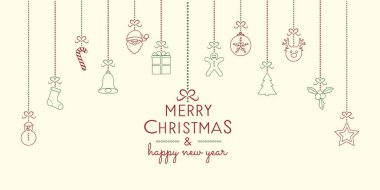 Dilek ve elle çizilmiş süsler ile yılbaşı banner tasarımı. Vektör.