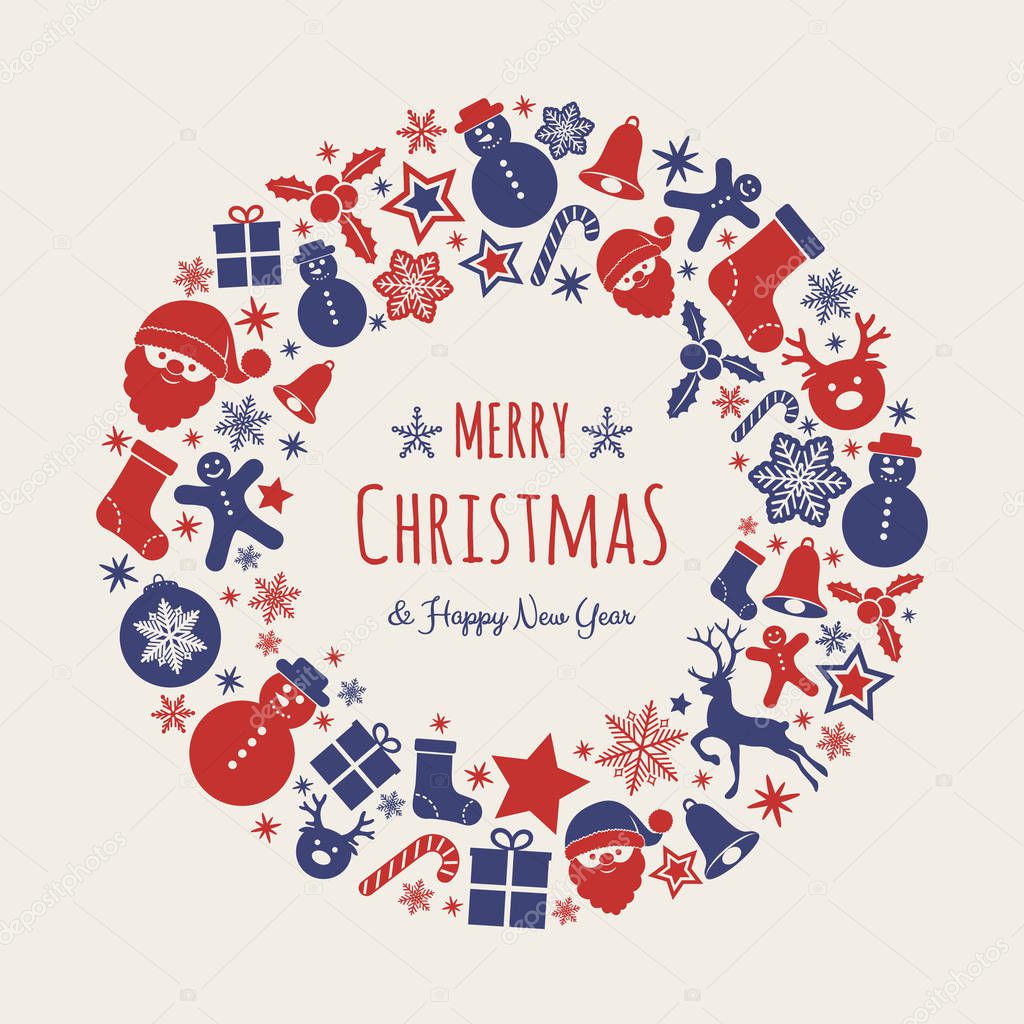 Merry Christmas and Happy New Year - card with beautiful decorations. Vector.