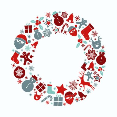 Çelenk ve süslemeleri ile Noel tebrik kartı şablonunun tasarımını. Vektör.