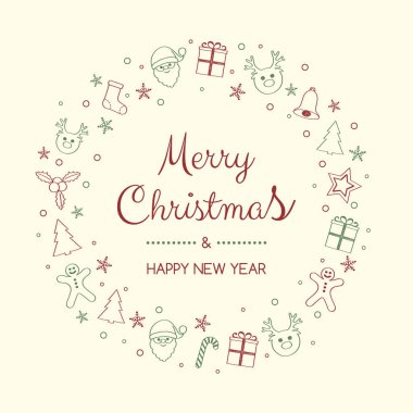 Çizgi film süslemeleri ile Noel selamlar. Vektör.