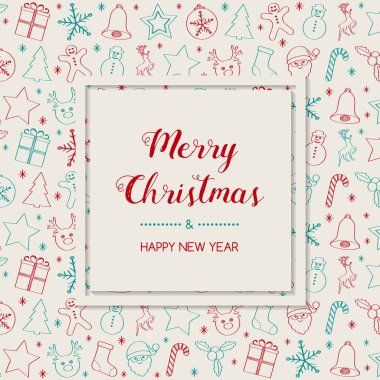 Elle çizilmiş süslemeleri ile ile Noel tebrik kartı tasarımı. Vektör.