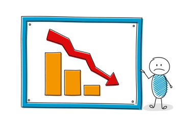 İş grafiği ile beyaz tahta tutan komik çizgi film karakteri. Vektör.