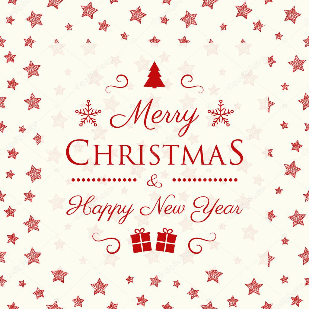 Concept of Christmas greeting card with decorative text and stars. Vector.