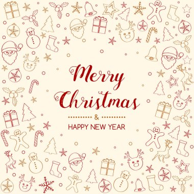 Dilek ve elle çizilmiş süs eşyaları ile Noel kartpostal tasarımı. Vektör.