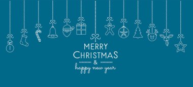 Neşeli Noel ve mutlu yeni yıl - tebrik kartı asılı ile süsler. Vektör.