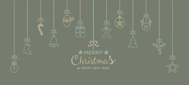 Neşeli Noel ve mutlu yeni yıl - tebrik kartı asılı ile süsler. Vektör.