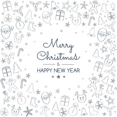 Çizgi film süslemeleri ile Noel selamlar. Vektör.