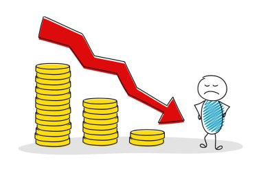 Kızgın stickman yükselen sikke yığını grafik ile. Vektör.
