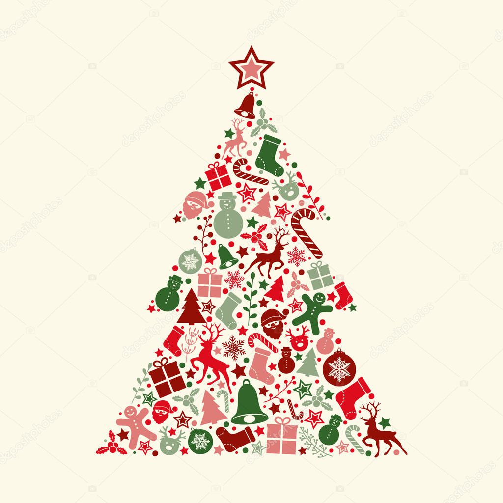 Christmas greeting card with decorative Christmas tree. Vector.