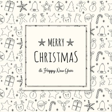 Dilek ve elle çizilmiş süs eşyaları ile Noel kartpostal tasarımı. Vektör.