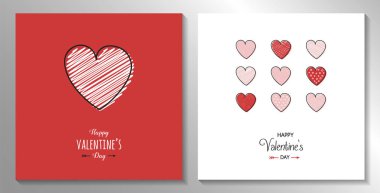 Sevgililer günü kartı elle çizilmiş yürekleri kümesi. Vektör