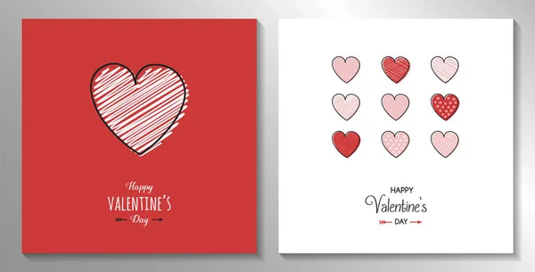 Conjunto Tarjetas San Valentín Con Corazones Dibujados Mano Vector — Vector de stock