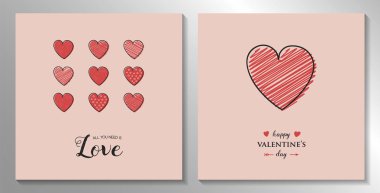 Sevgililer günün kutlu olsun - ayarla elle çizilmiş kalpleri ile şirin tebrik kartı. Vektör