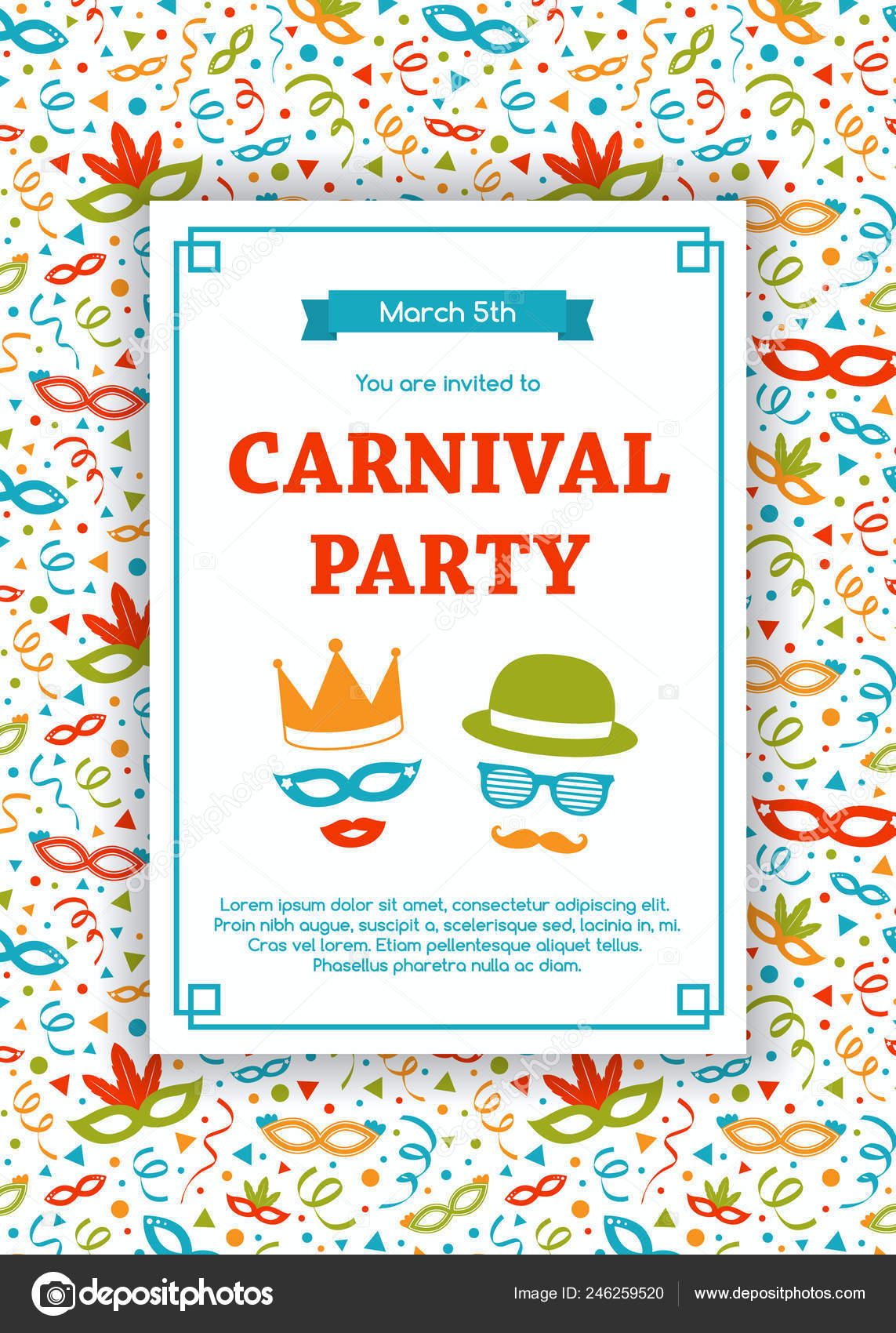 Carnaval Party Invitation Card Funny Decorations Vector Stock Vector Image  by © #246259520