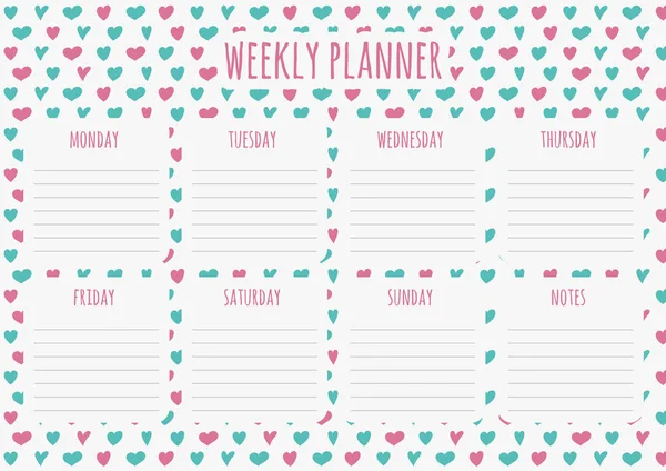 Weekly Planner Hearts Daily Plans Notes Vector — Stock Vector