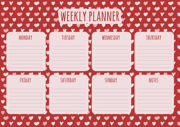 Weekly Planner Design Background Hand Drawn Hearts Vector — Stock Vector