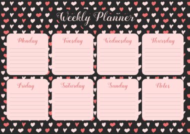 Haftalık Ajanda - şirin kalpler planlayıcısı. Vektör