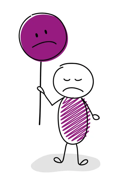 Divertido Stickman Dibujos Animados Sosteniendo Emoticono Triste Vector — Archivo Imágenes Vectoriales