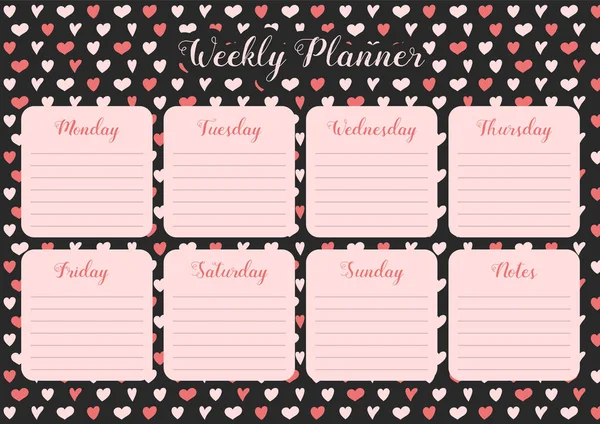 Weekly Organizer Planner Cute Hearts Vector — Stock Vector