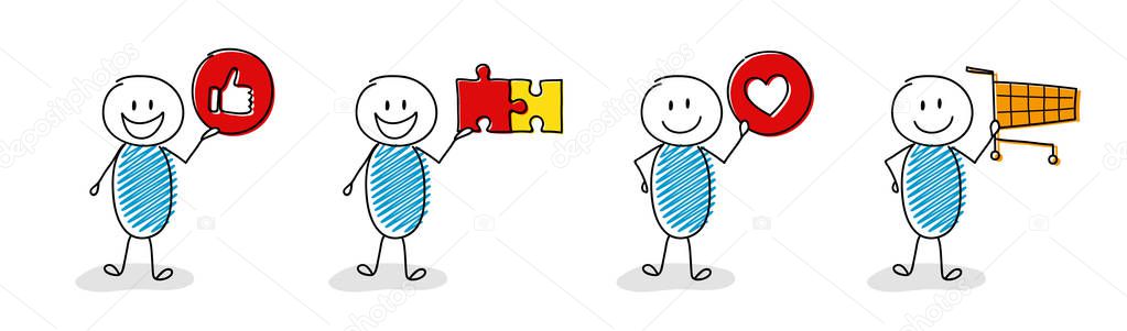 Hand drawn cartoon people holding business icons. Vector