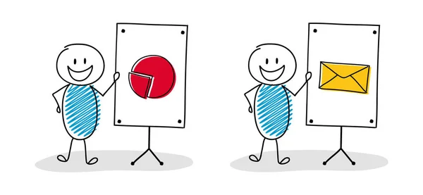 Handgezeichneter Stickman Mit Whiteboard Und Business Icons Kollektion Vektor — Stockvektor