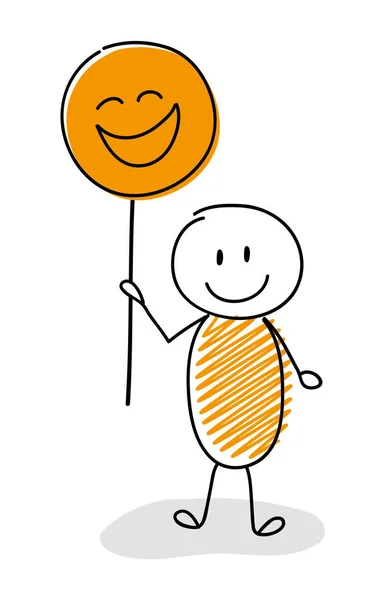 Lustige Cartoon Stickman Hält Luftballons Mit Glücklichen Emoticon Vektor — Stockvektor