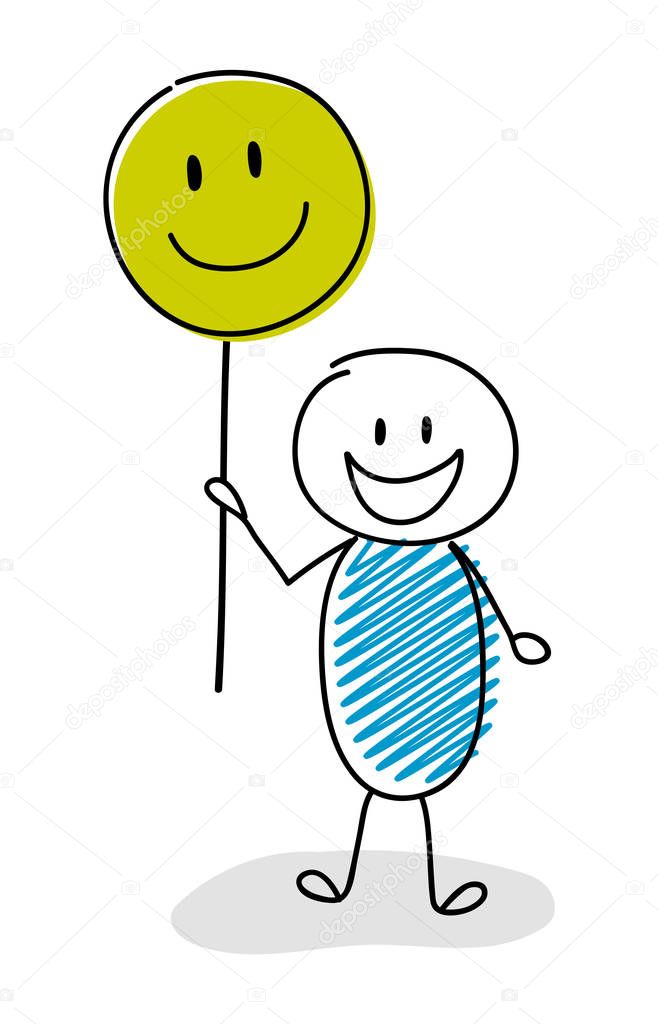 Funny cartoon stickman holding balloons with smiley emoticon. Vector