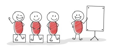 Boş beyaz tahta ile komik el çizilmiş stickman grubu. Vektör