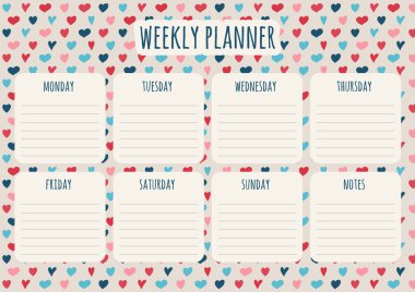 Haftalık Ajanda - şirin kalpler planlayıcısı. Vektör