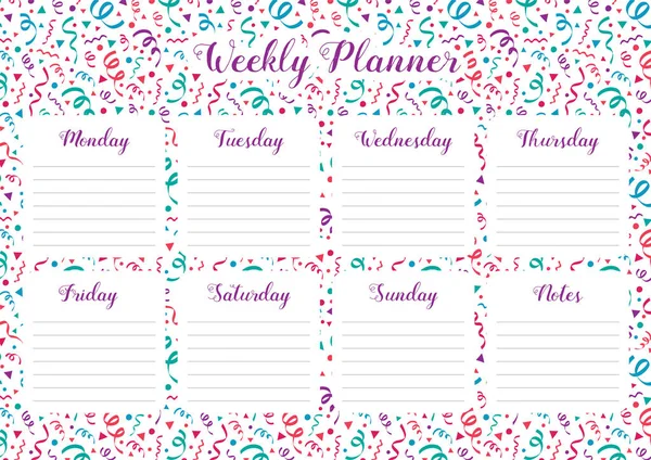 Weekly Planner Colorful Hand Drawn Confetti Vector — Stock Vector