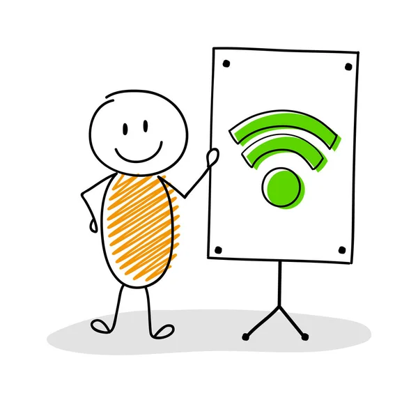 Business Cartoon Persoon Met Whiteboard Wifi Internet Icoon Vector — Stockvector
