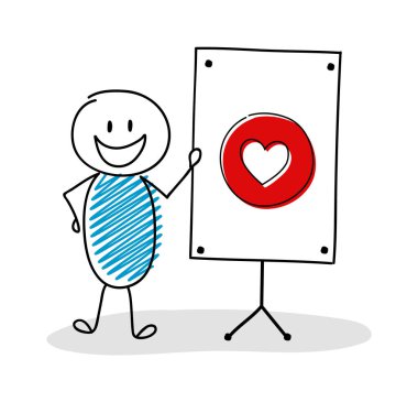 Komik el beyaz tahta ve kalp ile stickman çizilmiş - aşk simgesi. Vektör