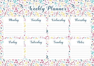 El çizilmiş serpantinler ile haftalık planlayıcı kavramı. Vektör