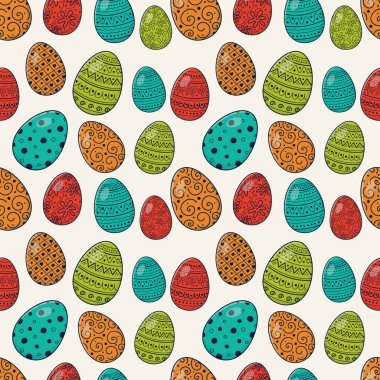 Renkli el paskalya yumurtaları çizilmiş ile Dikişsiz desen. Vektör