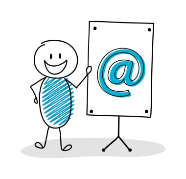 Beyaz tahta ve e-posta adresi simgesi ile komik el çizilmiş stickman. Vektör