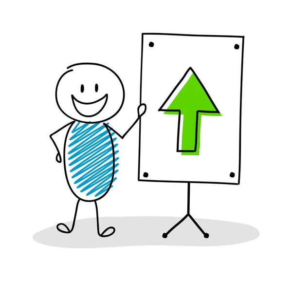 Grappige Hand Getekende Stickman Met Whiteboard Pijl Omhoog Pictogram Vector — Stockvector