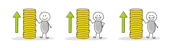 Collection of cartoon people with coin stacks and up arrows. Vector