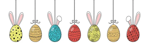 Mano Colgante Dibujada Huevos Pascua Con Orejas Conejo Vector — Vector de stock