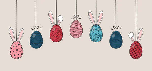 Colgando Huevos Pascua Con Orejas Conejo Graciosas Vector — Vector de stock