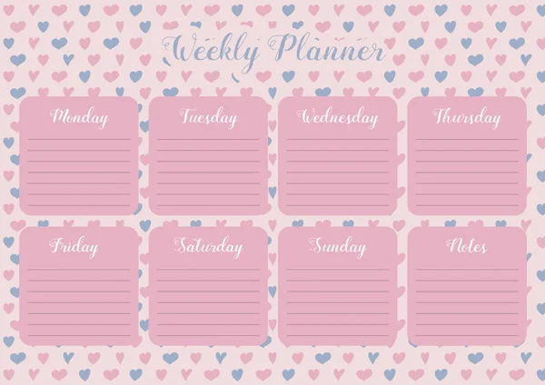 Colorful Weekly Planner Template Hearts Vector — Stock Vector