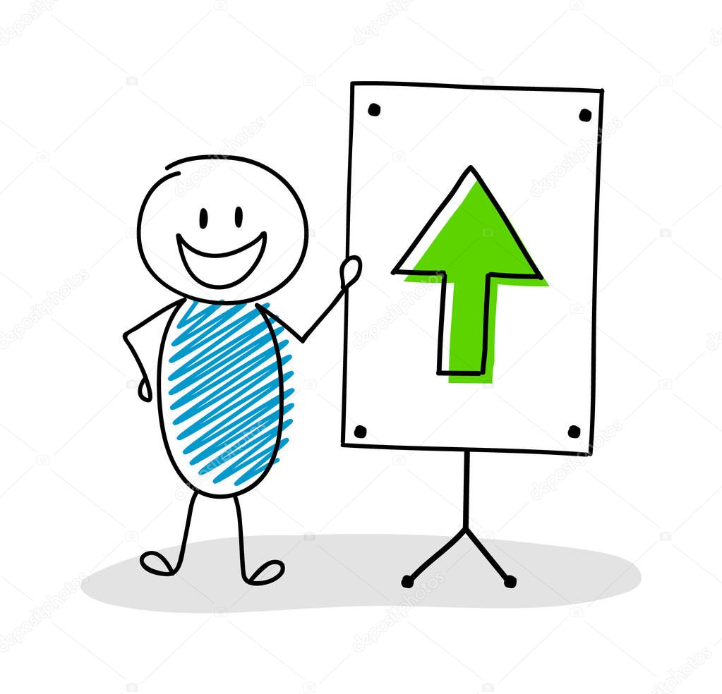 Funny hand drawn stickman with whiteboard and and up arrow icon. Vector