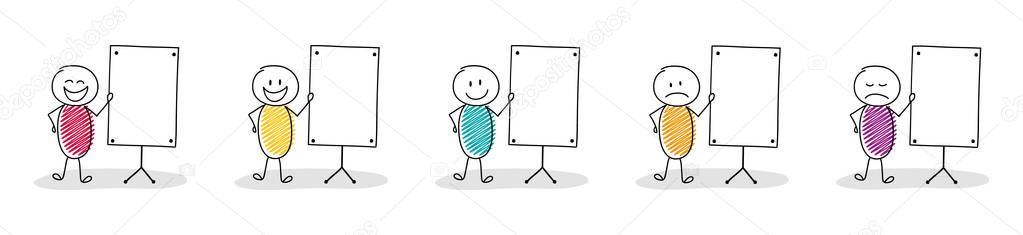 Collection of funny hand drawn stickman with empty whiteboard. Vector