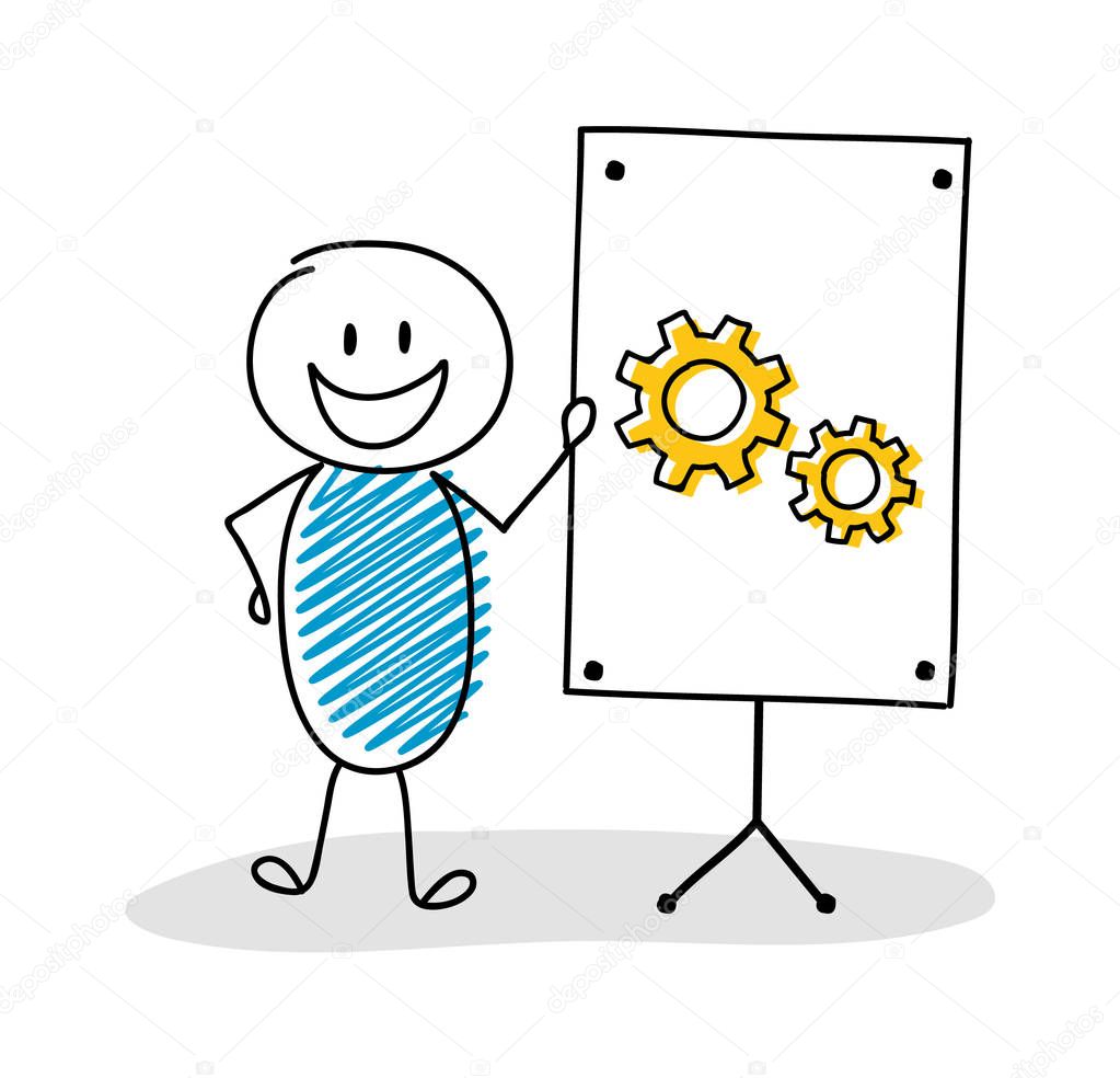 Funny hand drawn stickman with whiteboard and cog - wheel icon. Vector